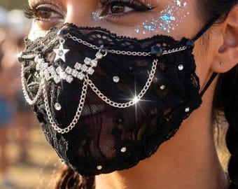 Sheer Black Lace Face Mask with Chains & Rhinestones: 2 Layers Gothic Face Covering Petite