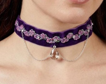 Purple Velvet Choker Necklace with Chains and Rhinestones, Wide Embroidered Floral Collar with Pendant