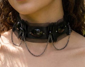 Wide Gothic Choker Necklace: Black Pleated Ribbon Collar with Rhinestones and Chains, Jewelry Gifts