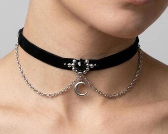 Thin Black Velvet Choker with Moon Charm Rhinestones and Chains: Gothic Jewelry Gifts