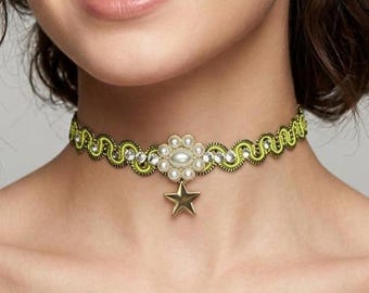 Neon Beaded Choker Necklace, Pearl Flower, Gold Star Charm, Thin Statement Jewelry