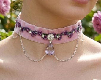 Pink Velvet Choker with Chains, Embroidered Floral Collar Necklace, Festival Jewelry Gifts for Her