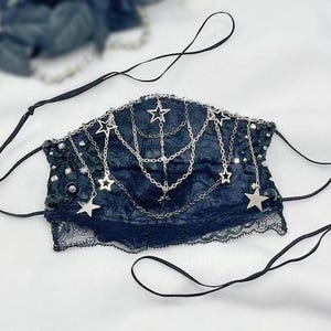 Black Lace Face Mask: Gothic Star Chains, Rhinestone Face Veil Halloween Masquerade Party Costumes