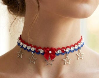Patriotic Red White & Blue Choker: Star Charms Red Bow and Rhinestones, Fourth of July