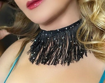 Black Fringe Necklace with Sequins, Black Choker Collar, Womens Flapper Burlesque Choker, Festival Jewelry Statement Necklace Gift for Her