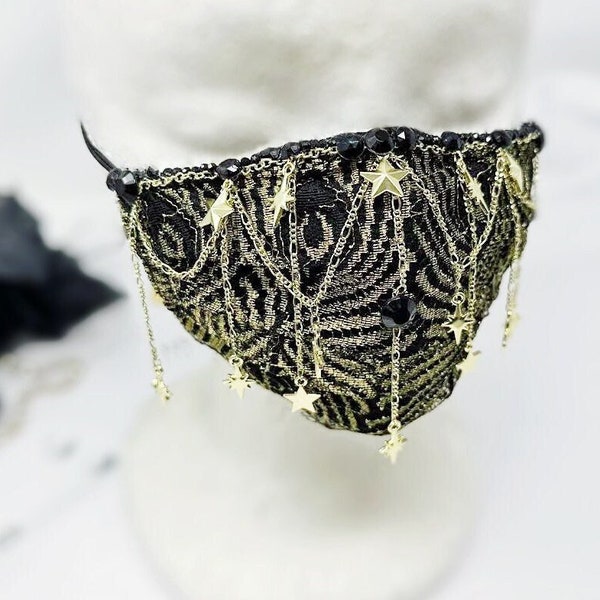 Sheer Lace Face Mask with Chains, Gothic Face Veil, Black and Gold Floral Lace Face Cover, Rhinestone Face Mask, Goth Wedding Accessory Gift
