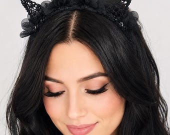 Black Lace Cat Ears Headband, Rhinestone Gothic Costume Accessory, Handmade Hairband Gifts for Her