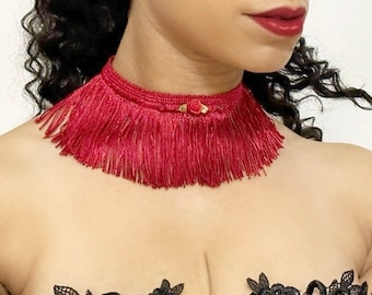 Red Choker Fringe Necklace, Long Tassel Bib Sexy Statement Necklace, Rose Flower Choker Collar, Romantic Lingerie Festival Jewelry Gifts