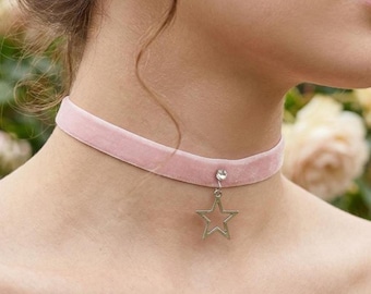 Pink Velvet Choker Necklace, Rhinestone Star Charm Choker, Whimsigoth Jewelry Gifts for Her