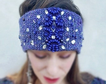 Jewelled Knit Ear Warmer Headband, Purple and Blue Hand Knitted Head Wrap Turban Wide Knit Headband, Warm Winter Neck Accessory Gift for Mom