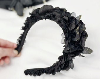 Black Rose Flower Crown Headband, Gothic Bridal Flower Crown Halloween Flowers Hair Wreath Hairband, Black Rose Tiara Hair Accessories Gift