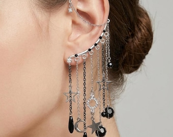 Celestial Ear Cuff with Dangle Chains, Black and Silver Star Ear Wrap No Piercing