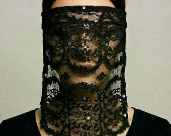 Sheer Gothic Floral Mask Full Face Veil Covering, Black Lace Blindfolds, Halloween Accessories Gifts