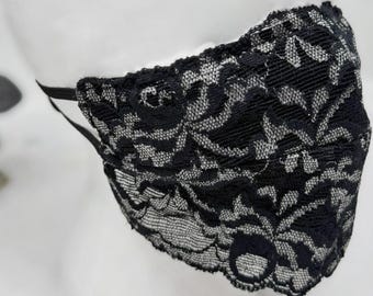 Black and Silver Lace Mouth Mask, Victorian Gothic Floral Lace Face Covering Gifts