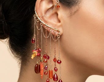 Rose Gold Dangle Chain Ear Cuff, Red Crystals Non Pierced Teddy Bear Ear Wrap