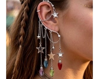 Boho Star Ear Cuff, Faux Rainbow Lights, Celestial Charm, No Piercing Ear Wrap