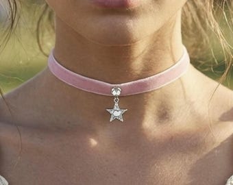 Pink Velvet Star Choker Necklace, Thin Kawaii Choker, Fairycore Jewelry Gifts for Her