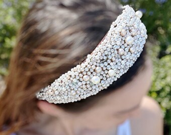 Bridal Pearl Headband, Wide Beaded Headband, Pearl Wedding Tiara, Pearl Bridal Crown, Wedding Headpiece, Bridal Headpiece, Boho Bridal Crown