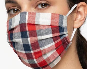 Patriotic Face Mask 100% Breathable Cotton Face Covering, Red White and Blue Checkered Plaid