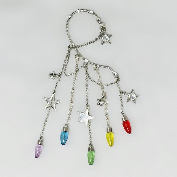 Rainbow Dangle Ear Cuff, No Piercing Star Charms, Celestial Chain Accessory