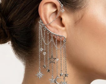 Celestial Dangle Ear Cuff: No Piercing Over-the-Ear Jewelry Non-Pierced Gifts for Her