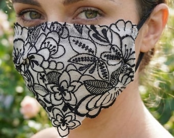 Ivory Black Floral Lace Face Mask, Gothic Hand-Cut Veil Covering, Elegant Accessory Gifts
