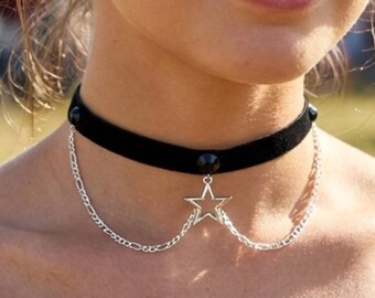 Thin Black Velvet Choker Necklace with Silver Star, Gothic Rhinestones and Layered Chains