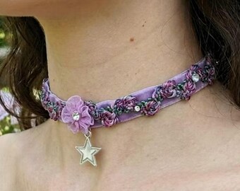 Lavender Velvet Flower Choker, Slim Collar Necklace with Star Charm, Fairy Cottagecore Jewelry Gifts