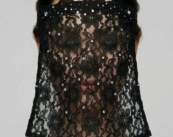 Black Lace Face Veil Mask with Rhinestones and Adjustable Ties, Sheer Gothic Face Covering