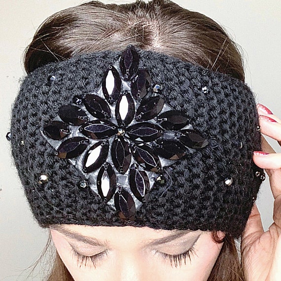 Winter Headband Black Knitted Headband Handknit Ear Warmer Etsy
