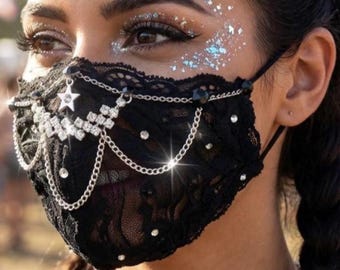 Black Lace Face Veil: Sheer Gothic Chain Mask with Rhinestones, Cosplay Accessories Gifts