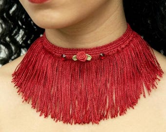 Red Fringe Choker Necklace, Burlesque Tassel Bib Collar Necklace, Statement Jewelry Gifts for Her
