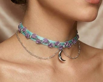 Teal Velvet Choker Necklace, Floral Embroidery Choker Collar with Rhinestone Moon Charm and Chains