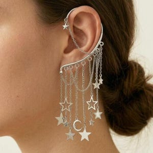 Celestial Dangle Ear Cuff, No Piercing Stars and Moon Charms Ear Wrap Non-Pierced Jewelry