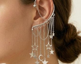 Moon Stars Dangle Ear Cuff, Non Piercing Celestial Charm Ear Wrap Prom Jewelry