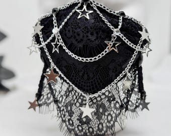 Black Lace Face Veil, Celestial Gothic Chain Mask with Stars, Cosplay Gifts for Her