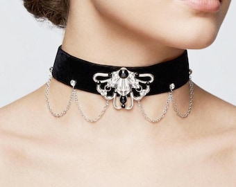 Black Velvet Gothic Choker Necklace with Chains & Metallic Rhinestone Pendant, Statement Jewelry Gifts