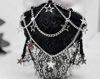 Celestial Star Lace Face Mask, Black Gothic Chain Mask Accessory Gift for Her