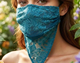 Teal Chiffon Face Veil Mask, Floral Bandanda Lightweight Scarf Face Covering Gifts for Her