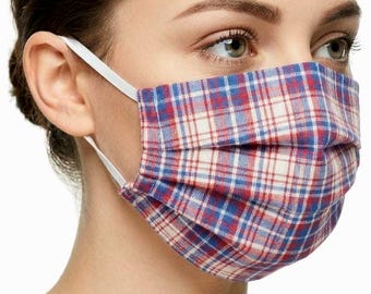 Patriotic Face Mask 100% Breathable Cotton Face Covering, Thin Red White and Blue Plaid