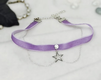 Thin Purple Velvet Choker Necklace with Celestial Star Charm and Chains, Pastel Goth Jewelry