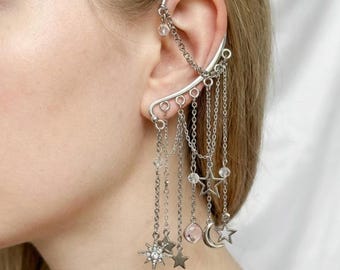 Non-Pierced Dangle Chain Ear Cuff: Celestial & Pink Charm Ear Wrap Earring Gifts for Her