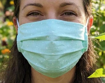 Light Green and White Polka Dot Face Mask, Reusable 100% Cotton Face Covering Gifts