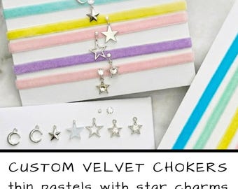 Custom Pastel Velvet Choker Necklace with Celestial Star Charm, Whimsigoth Jewlery Gifts for Her