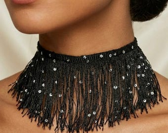 Black Fringe Choker Necklace, Sequin Tassel Collar Bib, Gothic Statement Jewelry Gifts for Her