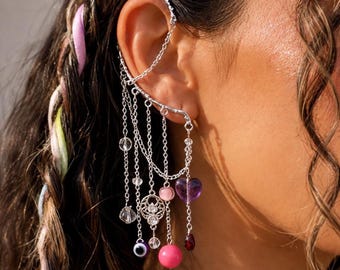 Pink Dangle Ear Cuff, No Piercing Silver Chain Ear Wrap, Evil Eye Fairycore Jewelry