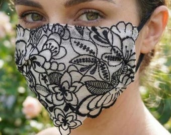 Mascarilla facial de encaje floral negro marfil, velo gótico cortado a mano, elegante regalo accesorio.
