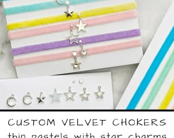 Custom Pastel Velvet Choker Necklace, Star Charm Celestial Jewelry, Handmade Thin Ribbon
