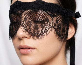 Black Lace Masquerade Mask: Sheer Venetian Eye Mask, Kinky Blindfold with Ties