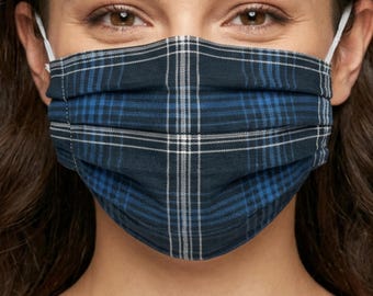 Navy Plaid Face Mask, 100% Cotton Breathable Face Covering Gifts for her